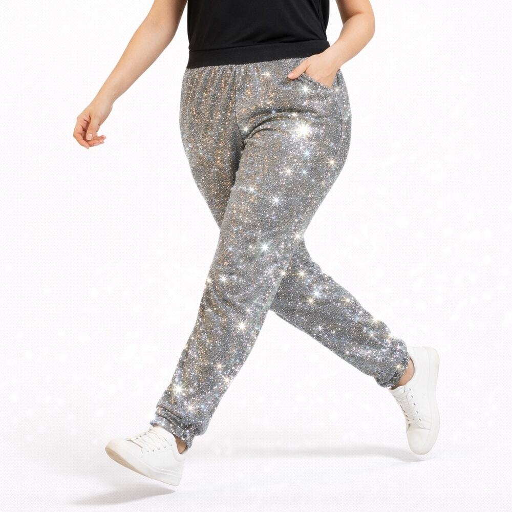 NWT SHEIN BAE Silver Sparkly Metallic Jogger Pants Women Size 12 XL Party